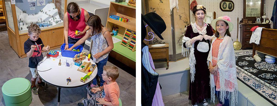 Museum worker with students and girls in dress-up clothes