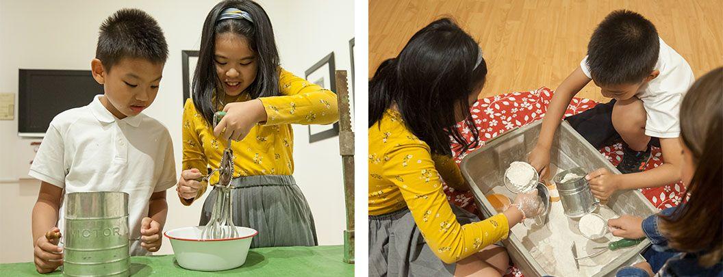 Kids playing with kitchen pioneer items